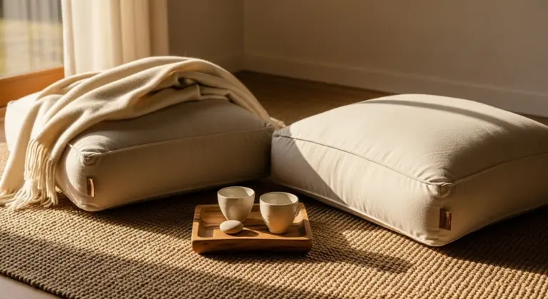 Two floor cushions, a draped blanket, and two cups on a wooden tray sit on a textured rug
