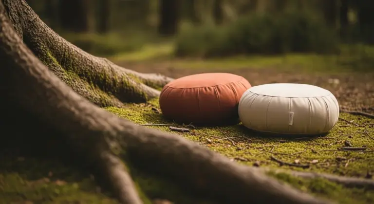 Two round floor cushions, one terracotta and one off-white, resting on a mossy forest floor beside tree roots