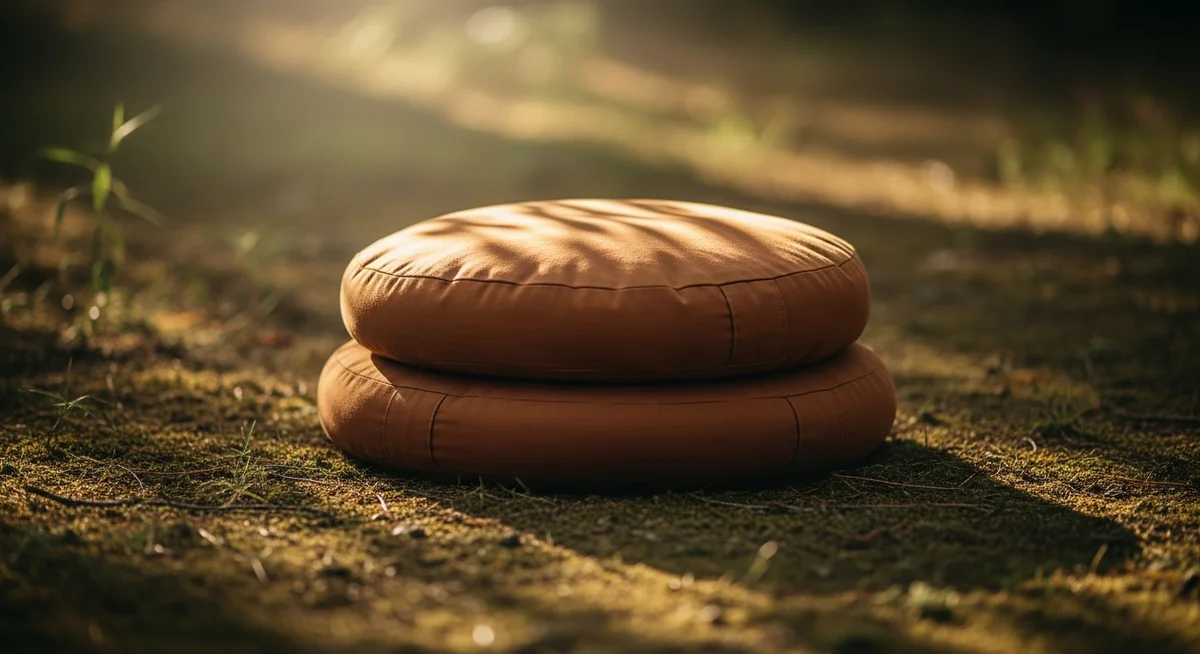 Two stacked round brown cushions resting on a mossy ground outdoors