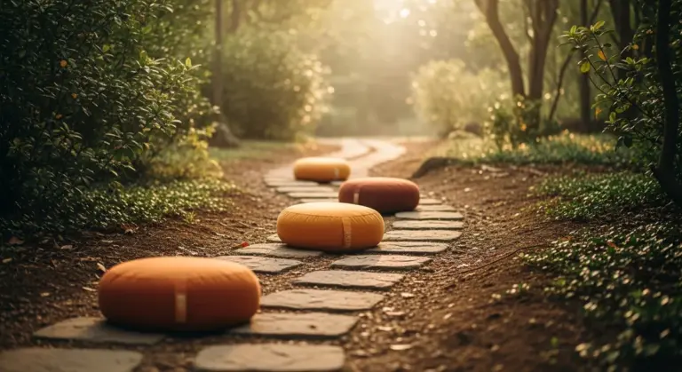 Three orange round meditation cushions sit on a stone path winding through a sunlit forest garden