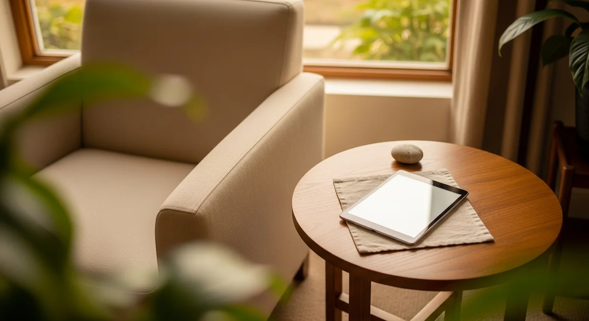A tablet rests on a small wooden table next to an armchair near a window