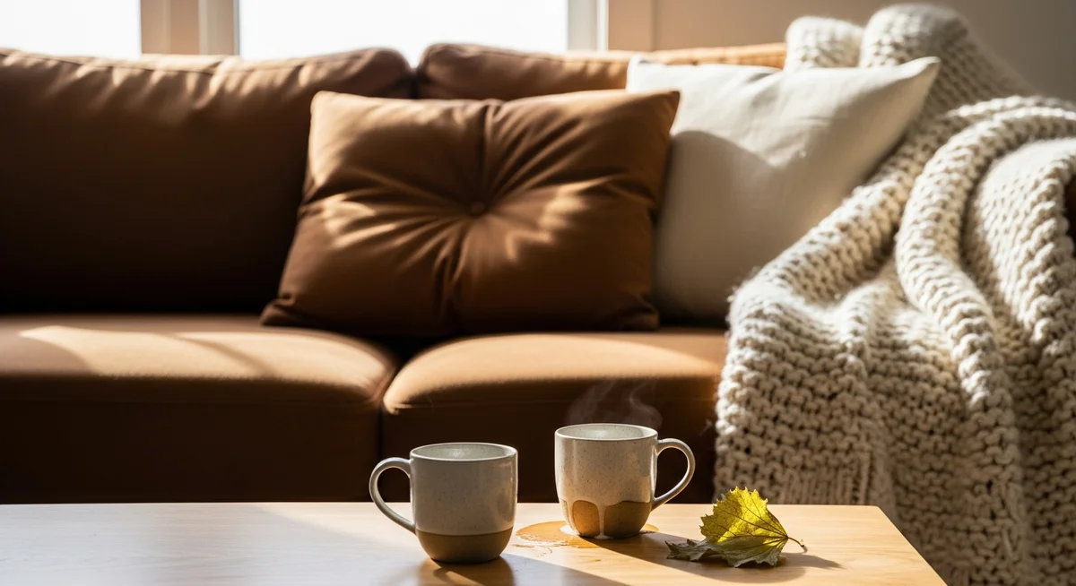 Two mugs, one with steam, sit next to a dried leaf on a table before a sofa