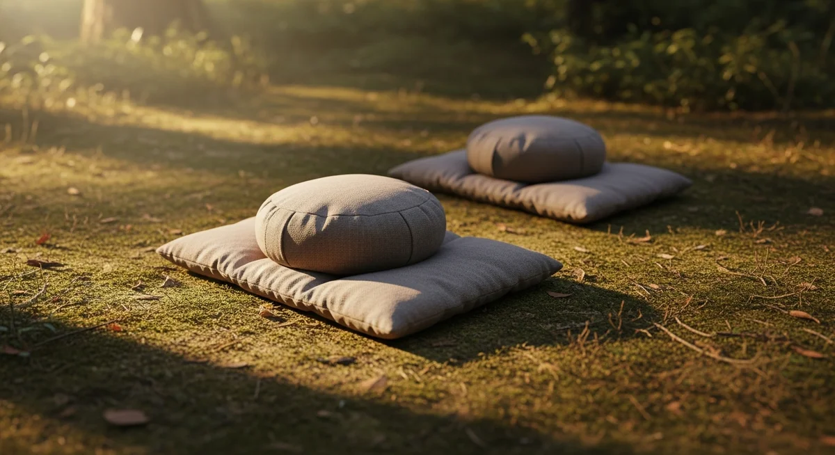 Two round meditation cushions placed on square floor pillows outdoors on a mossy, leaf-strewn ground