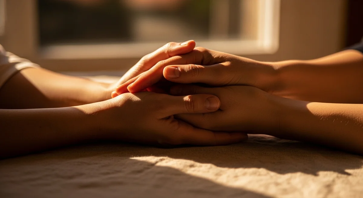Two hands are gently held together by another pair of hands on a flat surface