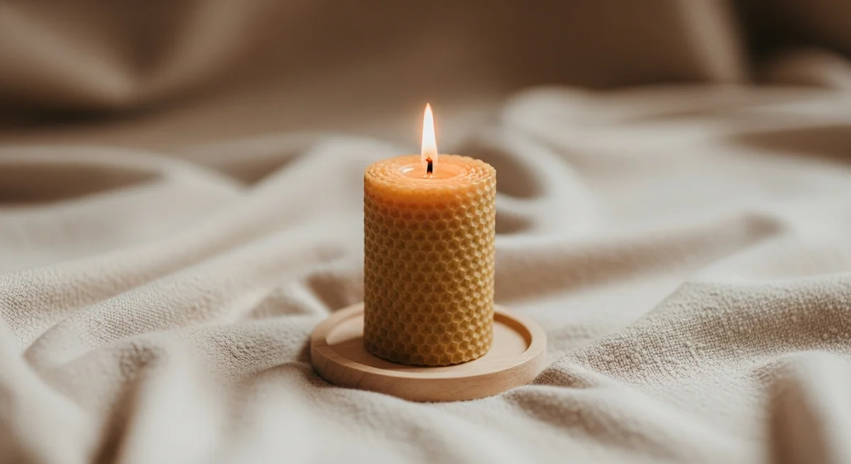 A lit honeycomb-textured beeswax candle sits on a small circular wooden coaster atop rumpled beige fabric