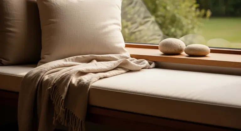 A cream-colored cushion and a draped throw blanket sit on a window bench beside two smooth river stones