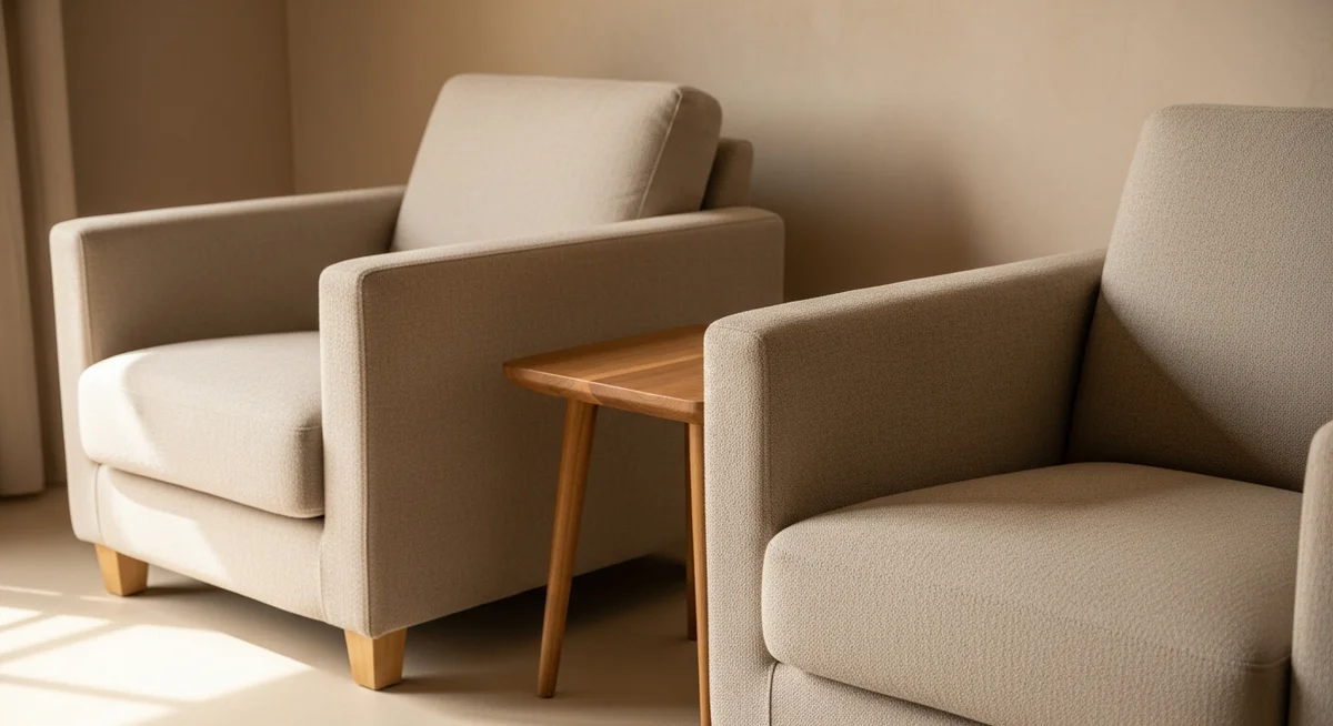 Two upholstered beige armchairs sit on either side of a small wooden side table against a plain wall