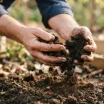 Close-up of a pair of open hands gently sifting rich, dark soil, bathed in warm, soft daylight
