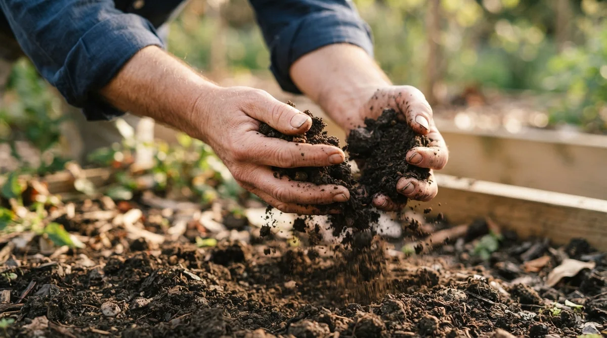 Close-up of a pair of open hands gently sifting rich, dark soil, bathed in warm, soft daylight