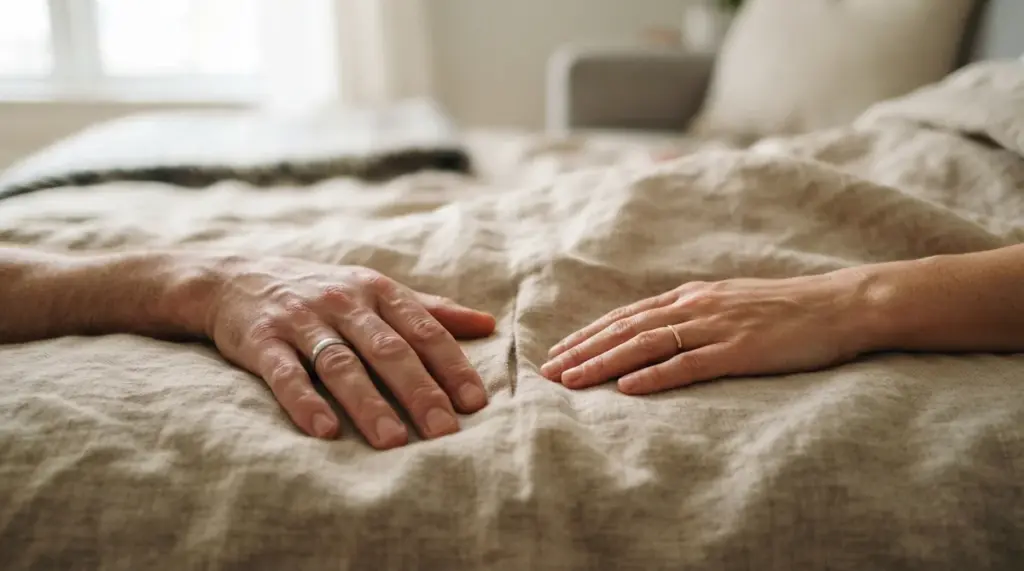 Two adult hands, one slightly larger, gently rest on a warm, naturally textured linen blanket, close but not quite touching