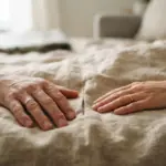 Two adult hands, one slightly larger, gently rest on a warm, naturally textured linen blanket, close but not quite touching