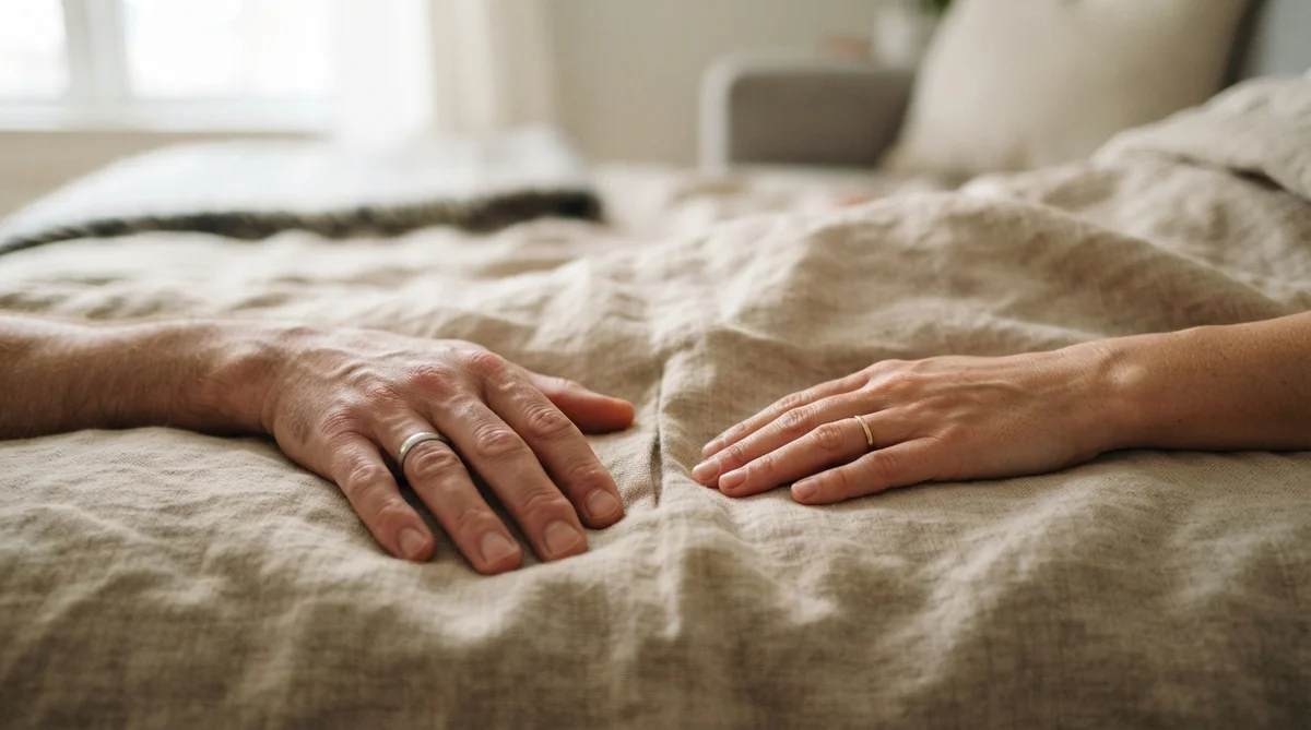 Two adult hands, one slightly larger, gently rest on a warm, naturally textured linen blanket, close but not quite touching
