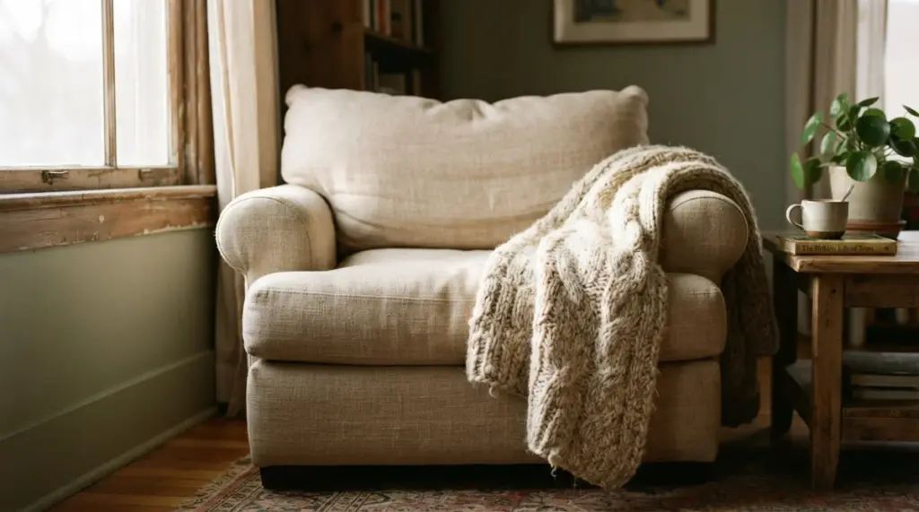 A comfortable, deeply cushioned armchair bathed in warm, soft morning daylight, nestled in a peaceful corner