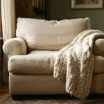 A comfortable, deeply cushioned armchair bathed in warm, soft morning daylight, nestled in a peaceful corner