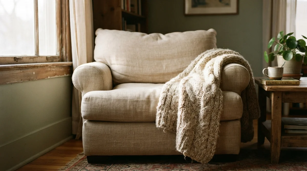 A comfortable, deeply cushioned armchair bathed in warm, soft morning daylight, nestled in a peaceful corner