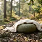 A meditation cushion resting on an uneven patch of natural earth, softened by a cozy wool throw, illuminated by gentle