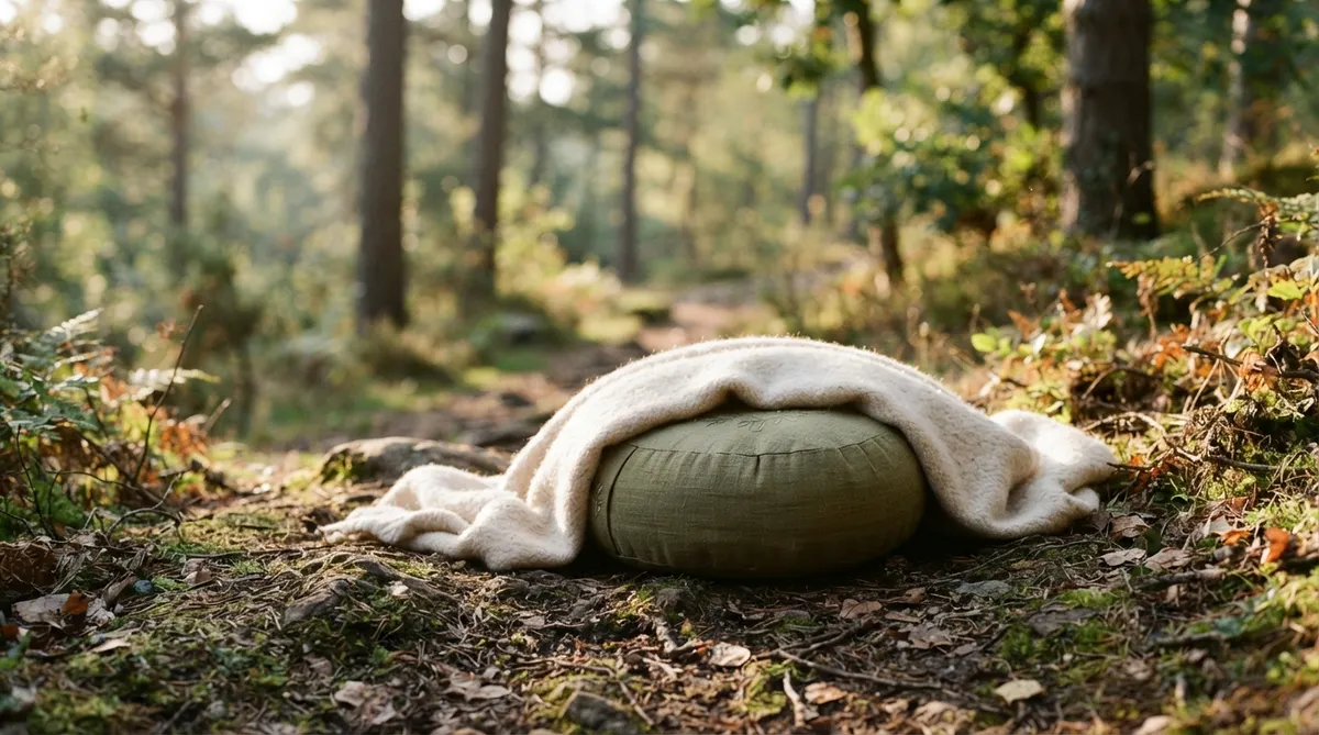 A meditation cushion resting on an uneven patch of natural earth, softened by a cozy wool throw, illuminated by gentle